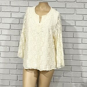 Coldwater Creek Ivory Floral Lace Tunic Top Split Neck Women's Size 1X